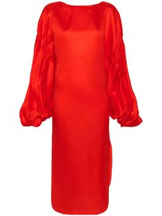 bright red silk boat neck pleat detailing to the neckline drop shoulder long puff plissé sleeves buttoned cuffs side slits mid-calf length unlined curved hem pull-on style Yoko London, Versace Outfit, Red Midi Dress, Frozen 2, Red Silk, Dress Red, Bright Red, Boat Neck, Mid Calf