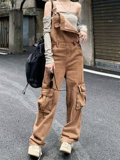 Vintage Straight Leg Cargo Denim Overalls - HouseofHalley Overalls Brown, Flare Leg Jumpsuit, Backless Long Sleeve, Preppy Shoes, Y2k Punk, Boyfriend Denim, Denim Overalls, Buy Vintage, Shoulder Straps