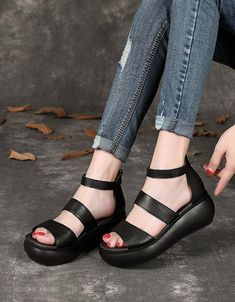 Summer Leather Sandals, Leather Strap Sandals, Comfortable Wedges, Mary Jane Shoes Womens, Strap Sandals Women, Leather Sandals Flat, Chunky Heels Sandals, Retro Shoes, Summer Color