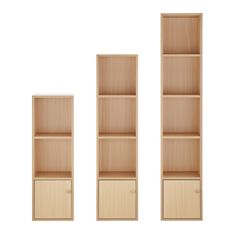 three wooden bookshelves with one open and the other closed, on a white background