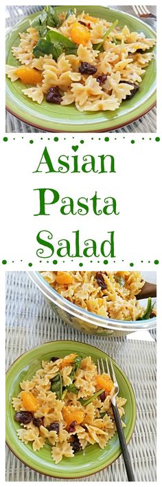 two plates filled with pasta and vegetables on top of a white table cloth next to a green plate