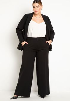 Wide Leg Stretch Work Pant - Ultimate Style, Totally Black Workwear 2023, Stretch Work Pants, Lisa Fashion, Plus Size Chic, Secret Boards, Office Dress, Wide Leg Linen Pants, Leg Stretching, Office Dresses