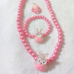 Little Girls Jewelry Set Necklace, Ring, Bracelet Adjustable Cute Kawaii Jewelry, Kawaii Jewelry With Cute Adjustable Design, Adjustable Kawaii Jewelry With Cute Design, Adjustable Pink Kawaii Jewelry, Adjustable Pink Jewelry With Cute Design, Cute Pink Plastic Bracelets, Pink Plastic Necklaces As Gifts, Pink Plastic Necklace For Gift, Pink Plastic Necklace Gift