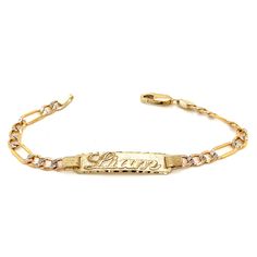 Cherish the Moment with our 14k Yellow Gold Kids and Baby ID Bracelet: Crafted in the timeless Solid Wide Figaro Pavé Links, this bracelet is a symbol of Elegance and Love. We believe in the power of personalization. Your child's name is expertly cut from solid 14k Gold and elegantly overlaid on the bracelet, creating a one-of-a-kind accessory. Additionally, you have the option to engrave a significant date on the back of the nameplate, transforming this bracelet into a cherished keepsake.  Whether it's a birth, a baptism, or simply an expression of love, this 14k Gold Kids ID Bracelet is a heartfelt and timeless gift that symbolizes the beauty of childhood and the joy of growing up. Order this beautiful bracelet today and look forward to receiving it within 4 business days within the Unit Fine Jewelry Engraved Round Bracelets, Engraved Round Bracelets In Fine Jewelry, Engraved Round Fine Jewelry Bracelets, Luxury Engraved Round Bracelets, Luxury Rose Gold Name Bracelet For Formal Occasions, Luxury Rose Gold Name Bracelet For Formal Events, Luxury Engraved Rose Gold Bracelet, Personalized Fine Jewelry Name Bracelet, Elegant 14k Gold Nameplate Chain Bracelet