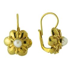 Cultured pearls in golden blossoms for brightening your day.  This Greek design is hand crafted of 24k gold over sterling silver, with European backs. Size: 7/8 Inch. Gold Clip-on Flower Shaped Jewelry, Gold Round Flower Earrings For Formal Occasions, Classic Gold Jewelry In Flower Shape, Gold Pearl Drop Earrings In 22k, Gold Pearl Earrings 22k As Gift, 22k Yellow Gold Pearl Drop Earrings, Elegant 22k Yellow Gold Pearl Earrings, Classic Handmade Yellow Gold Pearl Earrings, Handmade Classic Yellow Gold Pearl Earrings