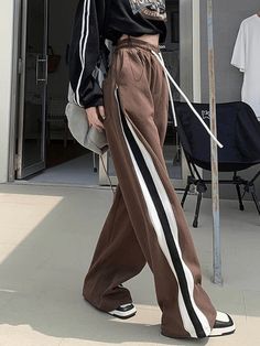 Vintage Patchwork Striped Sweatpants - AnotherChill Trendy Stretch Pants For Streetwear, Casual Brown Pants For Streetwear, Trendy Street Style Bottoms For Spring, Trendy Spring Street Style Bottoms, Retro Streetwear Pants For Fall, Brown Fall Bottoms For Streetwear, Trendy Cotton Cargo Pants, Trendy Wide Leg Sweatpants, Trendy Trousers For Streetwear