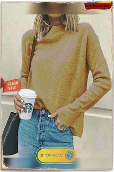 Women Casual Turtleneck Pullover Tops Casual Turtleneck Tops In Solid Color, Casual Solid Color Turtleneck Top, Casual Turtleneck Long Sleeve Top, Trendy Plain Sweater For Fall, Plain Brown Tops For Fall, Plain Tops For Layering In Fall, Solid Color Turtleneck Long Sleeve Top For Fall, Solid Crew Neck Long Sleeve Top For Fall, Solid Turtleneck Long Sleeve Top For Fall