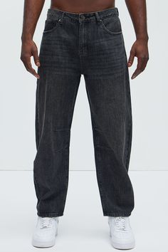 Available In Black Wash. Zip Fly Button Closure 80% Cotton, 20% Polyester Disclaimer: Due To The Specialized Distressing & Wash Process, Each Garment Is Unique. 5 Pocket Detail Imported | Mens Elm Relaxed Barrel Jeans in Black Wash size 42 by Fashion Nova