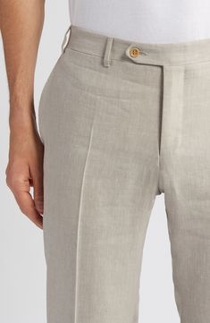 Bring relaxed formality to your look with dress pants tailored with a classic flat front from a cool blend of linen and wool. 37" inseam; 14" leg opening; 10 1/2" front rise; 14" back rise (size 56) Zip fly with button-tab closure Front slant pockets; back button-welt pockets 52% linen, 48% wool Dry clean Made in Italy Blue Pants Men, Light Blue Pants, Fitted Dress Pants, Beige Pants, Wool Trousers, Grey Pants, Wool Pants, Blue Pants, Wool Dress