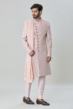 Pink sherwani with all over floral butti embroidery. Paired with churidar and embroidered stole. - Aza Fashions Designer Resham Embroidery Kurta For Traditional Ceremonies, Designer Traditional Wear With Chikankari Embroidery For Ceremonies, Designer Chikankari Embroidery Kurta For Traditional Ceremonies, Designer Chikankari Embroidery Kurta For Ceremonies, Designer Pink Sherwani, Designer Zari Work Kurta For Traditional Ceremonies, Designer Kurta With Zari Work For Traditional Ceremonies, Fitted Naqshi Churidar With Traditional Drape, Designer Bandhgala With Chikankari Embroidery For Traditional Ceremonies