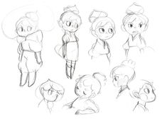 some sketches of people with different expressions and hair styles, one is wearing a hat