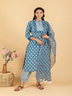 Blue Floral Printed Embroidered Yoke Kurta Set (Set of 3) By Shemohe now available at Trendroots Chanderi Traditional Straight Kurta For Spring, Spring Traditional Chanderi Straight Kurta, Spring Chanderi Traditional Wear Straight Kurta, Chanderi Straight Kurta For Spring, Long Sleeve Indigo Kurta For Festive Occasions, Festive Long Sleeve Indigo Kurta, Spring Block Print Chanderi Salwar Kameez, Indigo Salwar Kameez With Chikankari Embroidery, Spring Chanderi Block Print Salwar Kameez