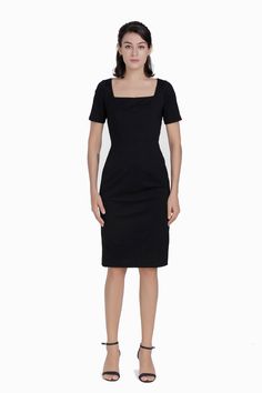 A dress with a basic shape, black always exudes mystery and elegance to the wearer, never out of fashion. A smart choice for both work and after-work wear, this square-neck dress offers impressive versatility. The one-piece dress has a classic silhouette, comfortable and flattering design, with a bit of stretch for flexibility. Made of stretchy and soft material, very comfortable to wear, short sleeve dress, square neck, split back, delicate pleated bodice, knee length, fit but still comfortable Solid Color Square Neck Bodycon Midi Dress, Bodycon Square Neck Midi Dress, Bodycon Square Neck Midi Dress In Solid Color, Sleek Square Neck Fitted Midi Dress, Sleek Fitted Square Neck Midi Dress, Square Neck Dresses For Work, Sleek Fitted Midi Dress With Square Neck, Solid Square Neck Bodycon Dress, Solid Color Bodycon Dress With Square Neck