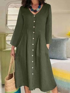 V-neck Shirt Dress With Buttons, Green V-neck Maxi Dress With Button Closure, Solid Maxi Dress With Button Closure, Maxi Dress With Button Closure, V-neck Maxi Dress With Buttons For Daywear, Non-stretch Buttoned Midi Dress, Non-stretch Midi Dress With Buttons, Casual Solid Maxi Dress With Button Closure, Casual Long Sleeve Maxi Dress With Buttons