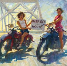 two girls on motorcycles holding a sign that says keep off with no parking below them