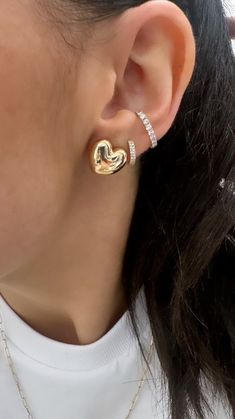 Metal: 14k solid gold Length: 0.5 in Width: 0.5 in Closure: Push back Yellow Gold Diamond Double Heart Earrings, Elegant Heart Charm Huggie Earrings, Elegant Silver Heart Earrings, Gold Plated, Elegant Huggie Earrings For Valentine's Day, Elegant Double Heart Huggie Earrings With Heart Charm, Yellow Gold Open Heart Earrings Tarnish Resistant, Elegant Heart Huggie Earrings For Everyday Wear, Elegant Huggie Heart Earrings, Yellow Gold Tarnish Resistant Open Heart Earrings