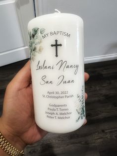 "Personalized - Custom Baptism, Christening, Bautizo, Naming Day, First Communion, Unity Candle! This is for ONE candle with a custom/personalized decal. The Size of the Candle is 3\" x 6\". PLEASE PROVIDE US WITH THE FOLLOWING INFORMATION UPON PURCHASING: -Desired text on candle (All text desired on candle, i.e. Name, event type, date, church name, godparents, etc). - Date you need the candle (We do not guarantee exact delivery dates) PLEASE READ Once all candle information is received, we will Candle Eucalyptus, Baptism Candles, Baptism Candle, Custom Candle, Communion Party, Unity Candle, One Candle, Name Day, Personalized Candles