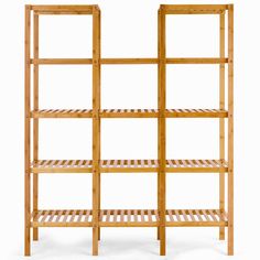 a wooden shelving unit with four shelves