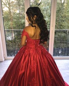 Lace Off Shoulder Satin Quinceanera Dresses Ball Gowns Wedding Dress Cinderella, Long Ball Dresses, Burgundy Ball Gown, Quinceanera Dresses Gold, Long Ball Gown, Satin Ball Gown, Red Wedding Dresses, Lace Ball Gowns, Popular Dresses