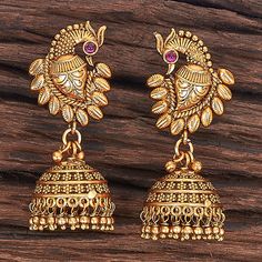 Antique Peacock Earring With Matte Gold Plating Height = 45 Mm || Width = 18 Mm Delicate Jhumki Antique Earring  The design and execution of this jhumkis are genuinely enchanting and sure to impress everyone. The goddess Laxmi scriptures makes this design bold and beautiful.We recommend wearing it for puja and special occasions with your favorite lehenga or silk sari. 100% Satisfaction Guarantee: Long Lasting Plating, High-Quality Stones. Gifting: This pair of charming earrings come in a beautif Luxury Jhumkas With Intricate Design, Temple Style Dangle Jhumkas, Ceremonial Dangle Jhumkas For Festivals, Temple Jewelry Tilla Jhumkas, Temple Jewelry Style Round Jhumkas With Latkans, Temple Jewelry Jhumkas With Latkans, Round Temple Jewelry Jhumkas With Latkans, Temple Style Round Jhumkas With Latkans, Temple Jewelry Style Peacock Design Jhumkas