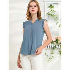 This vintage shirt is designed with a ruffled v-neck and solid color, especially for a professional look at work. The ruffle trim and sleeveless design would show demure, feminine grace and also lend shape and texture. Perfectly match skinny pants or pair this shirt with a pair of high heels to make an elegant look. V-neck Ruffles Blouse For Work, V-neck Ruffle Blouse For Work, V-neck Ruffled Blouse For Work, Sleeveless Ruffled Blouse, Casual Office Wear Blouse With Ruffles, Casual Ruffle Blouse For Office Wear, Casual Ruffled Tops For Office Wear, Solid Color Ruffled Collar Top For Work, Solid Ruffle Sleeve Tops For Work