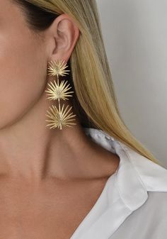 Triple Fan Palm Dangle Earrings – Anabel Aram Luxury Gold Graceful Earrings, Luxury Gold Earrings For Summer, Luxury Gold Bridal Earrings For Statement Occasions, Luxury Hand-set Statement Earrings, Luxury Gold Plated Dangle Jewelry, Luxury Gold Statement Wrap Earrings, Luxury Graceful Gold Earrings, Luxury Gold Fine Jewelry Earrings, Luxury Gold Plated Formal Earrings