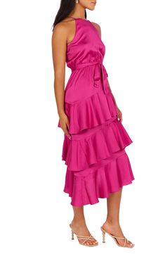 Flamenco-inspired ruffled tiers are sure to put some sashay in your step wearing this party-ready frock crafted of lustrous satin. Back keyhole with button-and-loop closure Square neck Sleeveless, with cutaway shoulders Removable sash Partially lined 100% polyester Hand wash, line dry Imported Dressy Satin Dress With Ruffles, Pink Tiered Ruffle Dress For Party, Tiered Ruffle Midi Dress For Wedding Guest, Flirty Tiered Ruffle Dress For Cocktail, Evening Tiered Dress With Ruffle Hem, Tiered Satin Dress With Ruffles, Satin Tiered Dress With Ruffles, Chic Ruffled Satin Dress For Spring, Summer Party Layered Midi Dress