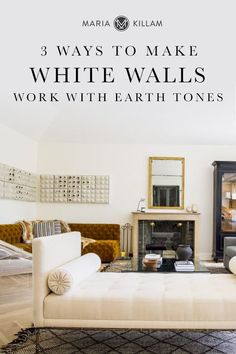 a living room with white walls and furniture