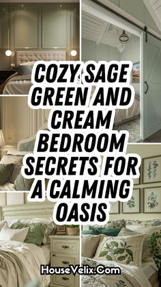 the collage shows different rooms with white furniture and green accents, including bedding