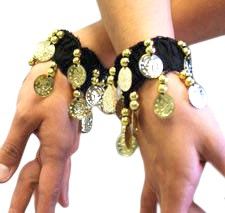 Chiffon Bracelets with Coins (PAIR): BLACK / GOLD Gold Beaded Stretch Bracelet For Festivals, Gold Beaded Anklets For Party, Black Beaded Festival Anklets, Black Beaded Anklets For Festival, Black Bracelets For Festivals, Black Festive Bracelets For Festivals, Black Bohemian Anklets For Party, Bohemian Black Anklets For Party, Adjustable Black Wristlet For Party