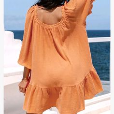 Cupshe Sarina Round Neckline Waffle Cotton Orange Swim Coverup Medium Nwt 100 Cotton New With Original Tags - Never Worn Soft And Comfortable Beach Look With Ruffled Cover Up In Vibrant Orange Hue. Feels Soft And Comfortable On The Skin Pool, Beach, Shore, Cruise Bin C 28" Pit To Pit, 33" Length - Oversized Speedy Delivery - Ships Next Business Day Summer Beach Tops Solid Color, Ruffled Tops For Beach, Beach Tops With Ruffle Hem, Ruffle Wrap Skirt, Beach Shore, White Cover Up, Caribbean Style, White Bathing Suit, Sheer Cover Up