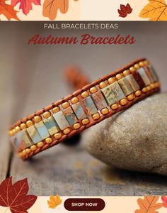 Beautiful autumn-themed bracelet featuring earthy tones of natural stones and gold accents, set against a cozy fall background with leaves. A perfect accessory for fall fashion. Click to shop now for more Fall Bracelet ideas Fall Bracelet Ideas, Fall Bead, Autumn Jewelry, Autumn Bracelet, Autumn Look, Beaded Cuff Bracelet, Beads Bracelets, Beaded Cuff, Bracelet Ideas