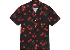 Check out the Supreme Cherry Rayon  S/SShirt Black available on StockX Black Camp Collar Top For Streetwear, Custom Streetwear, Fruit Prints, Guy Fits, Supreme Streetwear, Rayon Shirt, Prints And Patterns, Black Media, Stylish Shirts