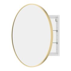 an oval mirror mounted to the side of a white wall with gold trimmings