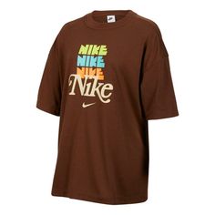 Brown Nike Tee, Nike Retro T-shirt With Letter Print, Retro Nike T-shirt With Letter Print, Sporty Brown Short Sleeve T-shirt, Brown Crew Neck T-shirt With Logo Print, Brown Letter Print T-shirt With Crew Neck, Casual Brown Crew Neck T-shirt, Casual Brown T-shirt With Graphic Print, Brown Crew Neck Top With Letter Print