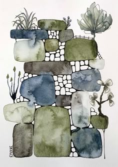 watercolor painting of rocks and plants on white paper