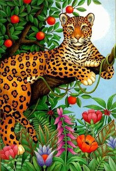 a painting of a leopard in the jungle with fruit on it's tree branch