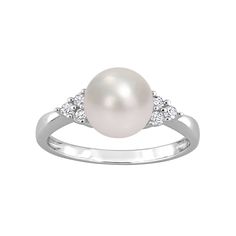 Featuring a lustrous freshwater cultured pearl and dazzling diamond side stones, this Stella Grace ring is a stylish complement to your wardrobe.Click on this JEWELRY & WATCHES GUIDE to learn about fit, styles, materials and more! Width: 8.4 mm Metal: sterling silver Plating: rhodium Finish: polished Packaging: boxedDIAMOND DETAILS Total weight: 1/8 ct. Shape: round Setting: prongCULTURED PEARL DETAILS Type: freshwater Size: 8 mm - 8.5 mm Shape: round Color: white Diamond weights are approximate Timeless White Gold Pearl Ring With Diamond Accents, Timeless Anniversary Pearl Ring With Diamond Accents, Timeless Pearl Ring With Diamond Accents For Anniversary, Classic White Pearl Ring With Diamond Accents, White Gold Pearl Ring With Diamond Center Stone, Timeless Diamond-white Pearl Ring With Diamond Accents, Timeless Diamond White Pearl Ring With Diamond Accents, Silver Pearl Rings With Diamond Accents, Silver Rings With Diamond Accents And Pearl