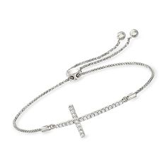 Ross-Simons - .33 ct. t. w. Diamond Cross Bolo Bracelet in Sterling Silver. Faith and fashion go hand in hand on this dazzling bolo bracelet! .33 ct. t. w. round diamonds set in sterling silver give the cross centerpiece a divine glow. Wheat chain adjusts to fit most wrists. Diamond cross bolo bracelet. Diamond birthstones are the perfect gift for April birthdays. Jewelry Presentation, Round Diamond Setting, Bolo Bracelet, Bracelet Diamond, Diamond Birthstone, Diamond Cross, Cross Bracelet, Fine Jewelry Bracelets, Hand In Hand