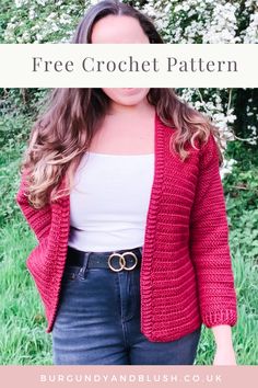 a woman wearing a red crochet cardigan with text overlay that says free crochet pattern