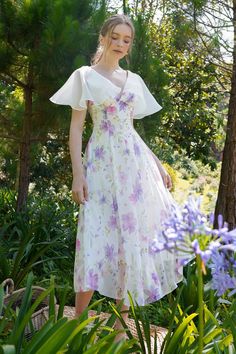 White Floral Maxi Dress, Purple Tone, Mean Blvd, Brocade Dresses, Cape Sleeves, Chiffon Maxi, Mass Production, Chiffon Maxi Dress, Women Maxi