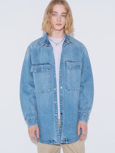 Editor's NotesCut from cotton, this denim trucker features casual mood with comfort silhouette. - Oversized fit- Dropped shoulder - Brushed texture- Snap button closure- Front chest pockets - Brand logo label on back Measurements(in.)1(S) / 2(M)- Shoulder: 24.8 / 25.59 in.- Chest: 27.55 / 28.34 in. - Sleeve length: 25.19 / 25.59 in.- Length: 28.34 / 28.74 in.*Model Info: Height 6' 1.2'' Composition & Care- 100% Cotton- Dry clean Designer- by V2 Casual Denim Shacket For Everyday, Casual Denim Shacket With Relaxed Fit, Relaxed Fit Medium Wash Recycled Denim Jacket, Casual Relaxed Fit Denim Shacket, Relaxed Fit Washed Blue Outerwear With Flap Pockets, Casual Denim Top With Patch Pockets, Light Indigo Cotton Denim Jacket With Relaxed Fit, Spring Denim Shacket In Relaxed Fit, Denim Washed Relaxed Fit Shacket