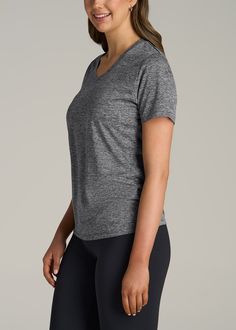 Women's Tall T-Shirts for Your Athletic Lifestyle The Perfect Blend of Comfort and Style Embrace chic activewear with our Short Sleeve Active V-Neck T-Shirt for Tall Women. This t-shirt, like all of our tops for tall women, is designed to offer both style and functionality, featuring a relaxed fit and a flattering V-neck. The pre-washed, shrinkage-controlled fabric ensures a perfect fit and lasting comfort, making it an ideal choice for both active and casual wear. Whether you're hitting the gym Basic Short Sleeve Workout Top, Gray Short Sleeve Tops For Light Exercise, Athleisure Gray Short Sleeve Top, Gray Short Sleeve Top Athleisure, Athleisure Short Sleeve Crew Neck Top For Workout, Gray Short Sleeve Top For Athleisure, Gray Short Sleeve Workout Tops, Basic Scoop Neck Gym Top, Basic Short Sleeve Moisture-wicking Tops