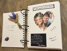 an open notebook with two photos on it