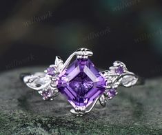 Amethyst And Diamond Engagement Ring, Elegant Amethyst Wedding Ring With Natural Stones, Purple Opal Ring, Elegant Purple Rings With Stones, Heart-shaped Purple Amethyst Promise Ring, Amethyst Engagement Ring Vintage, Elegant Amethyst Heart-shaped Birthstone Ring, Amethyst Crystal Ring For Wedding, Fine Jewelry, Purple Wedding Rings