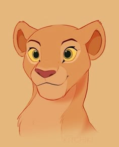 a drawing of a lion cub with yellow eyes and brown fur on it's head