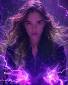 a woman with long hair and blue eyes is surrounded by purple lightning