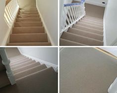 carpet cleaning before and after steps in an empty house with white railings on either side