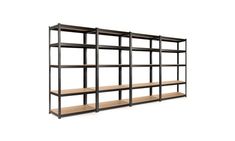 an empty metal shelving unit with three wooden shelves on one side and two black steel shelving units on the other