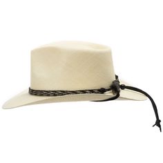 The Rio Grande is an American hybrid between a teardrop crown fedora and the brim and stiffness of a western cowboy hat. Features a sweat-resistant band on the inside and a handcrafted leather and horsehair band on the exterior. The chin strap can be worn functionally or placed above the brim as an extension of the hatband. This item is a genuine Panama Hat handwoven in Ecuador. Imported Material: 100% Toquilla StrawBrim: 3" fixedCrown: 4 1/8" teardropHatband: 5/8" horsetailClimate: Sun Handwove Adjustable Brimmed Panama Hat For Ranch, Adjustable Brimmed Panama Hat For Rodeo, Adjustable Short Brim Panama Hat For Ranch, Western Style Brimmed Panama Hat In Fur Felt, Western Style Brimmed Fur Felt Panama Hat, Adjustable Wide Brim Top Hat For Ranch, Western Style Top Hat With Adjustable Short Brim, Adjustable Panama Hat With Flat Crown For Country Events, Adjustable Straw Hat With Flat Crown For Rodeo